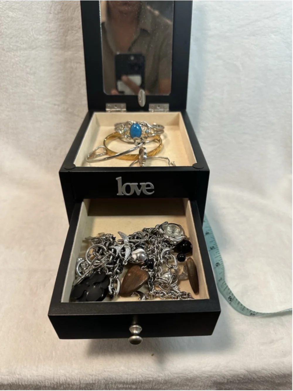 Oh Home Black Wooden Jewelry Box Organizer w/ Mirror, 2 Drawers, Love Theme